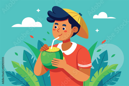 A man is seen drinking a green smoothie using a straw, Drinking coconut Customizable Flat Illustration