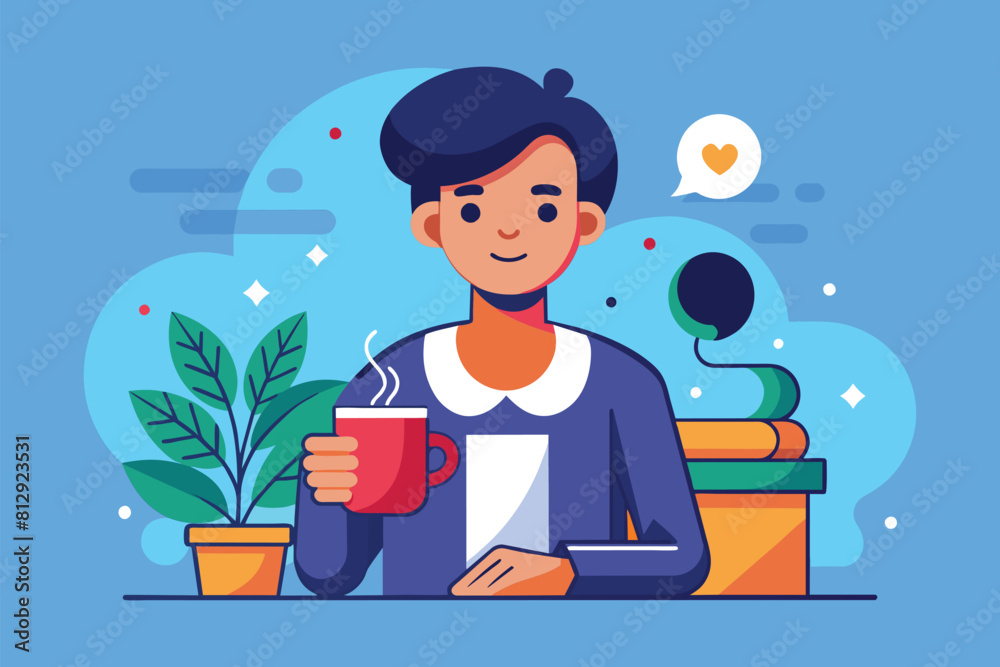 A person sitting at a table, holding a cup of coffee, Drinking coffee Customizable Semi Flat Illustration A person sitting at a table, holding a cup of coffee, Drinking coffee Customizable Semi Flat Illustration