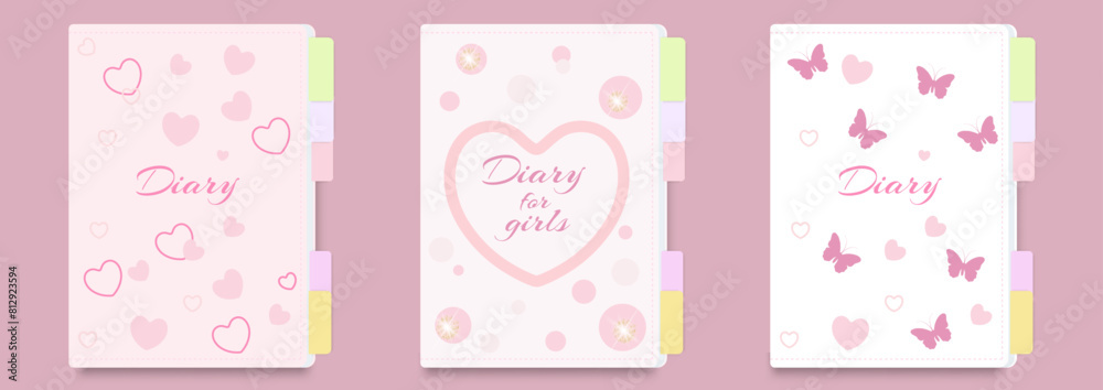 Children's diary cover template for girls with hearts, butterflies and rhinestones on a pink background. Set of title page designs for school notebooks, notepads, children's diaries, coloring books. Children's diary cover template for girls with hearts, butterflies and rhinestones on a pink background. Set of title page designs for school notebooks, notepads, children's diaries, coloring books.