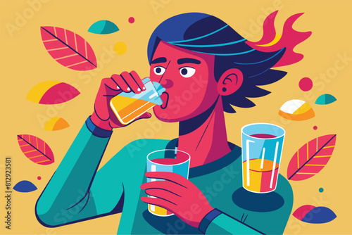 A man is seen drinking a glass of orange juice, Drinking shots Customizable Semi Flat Illustration