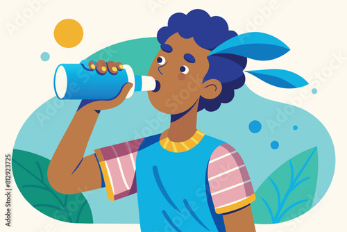 A young man is drinking from a blue cup, Drinking water Customizable Disproportionate Illustration