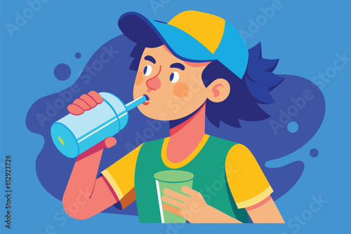 A man is seen drinking water from a bottle with a straw in his mouth, Drinking water Customizable Disproportionate Illustration