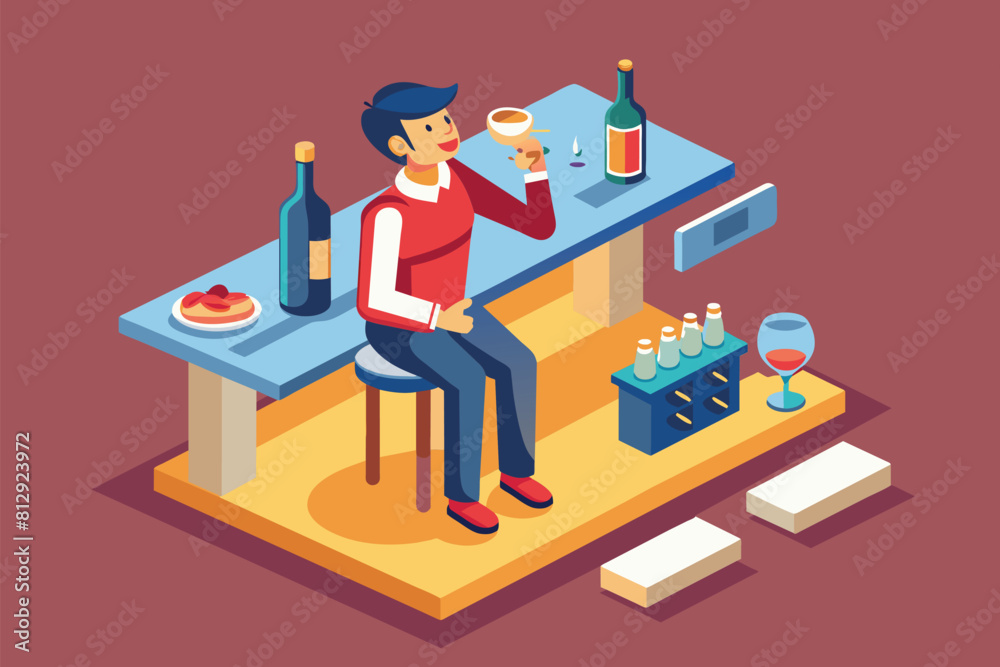 A man is seated at a table with a bottle of wine in front of him, Drinking wine Customizable Isometric Illustration A man is seated at a table with a bottle of wine in front of him, Drinking wine Customizable Isometric Illustration