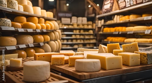 Assortment of cheeses in a cheese shop. photo