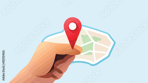Human hand moving route pin sign on the map flat ve photo