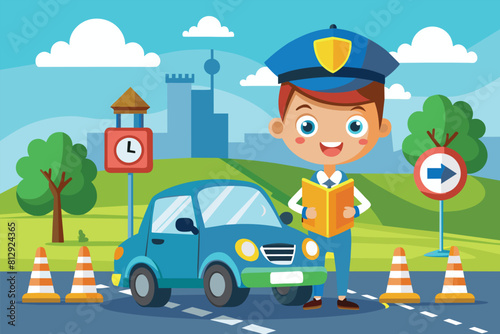 A policeman stands next to a car on the road, Driving school Customizable Cartoon Illustration