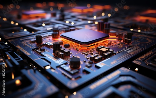 Semiconductor chip fabrication area, close up, displaying detailed circuits, digital tone, Complementary Color Scheme