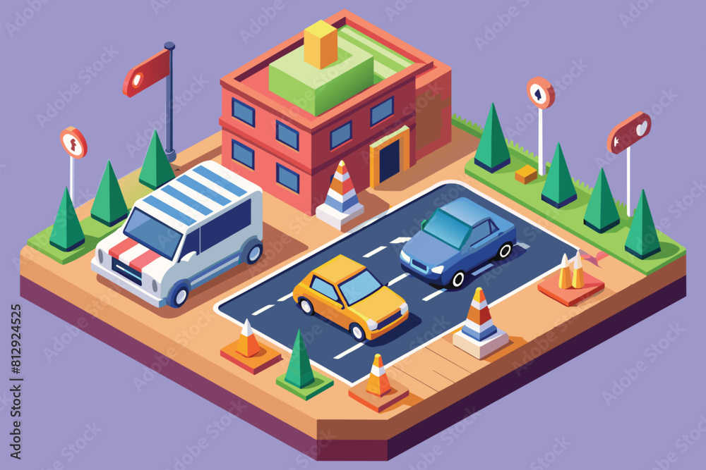 Isometric illustration of a parking lot filled with parked cars, Driving school Customizable Isometric Illustration