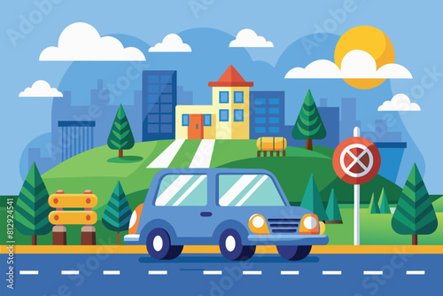 A blue car maneuvers down a street  passing by a prominent no parking sign  Driving school Customizable Semi Flat Illustration