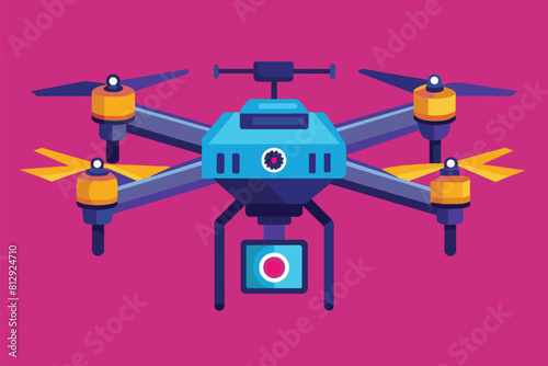 A blue and yellow remote controlled helicopter is displayed on a pink background, Drone Customizable Semi Flat Illustration