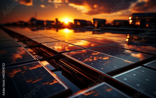 Solar panels under the orange sunset  front view  reflecting renewable energy  digital tone  Tetradic color scheme