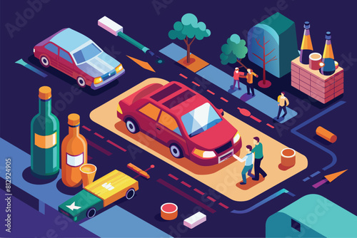 A red car driving down a street next to two people walking on the sidewalk, Drunk driving Customizable Isometric Illustration