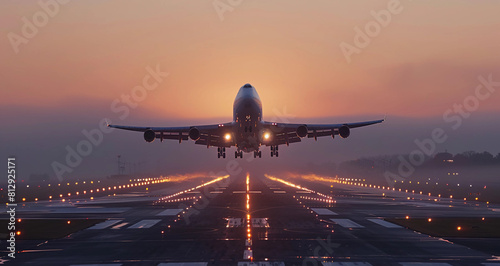 Portrait of a jumbo jet taking off from an airport runway in the night with lights in the background