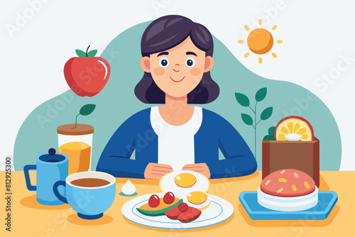 A woman sits at a table with a plate of food in front of her, Eat breakfast Customizable Flat Illustration
