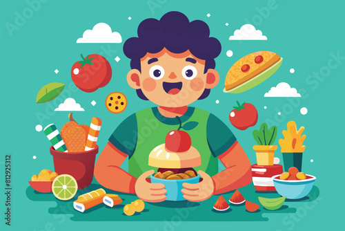 A man holding a cup while food is spread around him in a customizable cartoon illustration, Eating a variety of foods Customizable Cartoon Illustration
