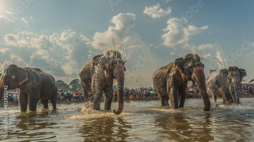 The Elephant Water Festival in Ayutthaya Thailand where elephants play in the river splashing water on each other and onlookers accompanied by traditi