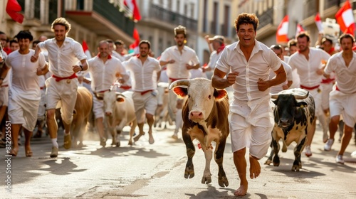 The Running of the Bulls at the San Ferm?n Festival in Pamplona Spain a thrilling event where participants run through the streets ahead of a group of photo
