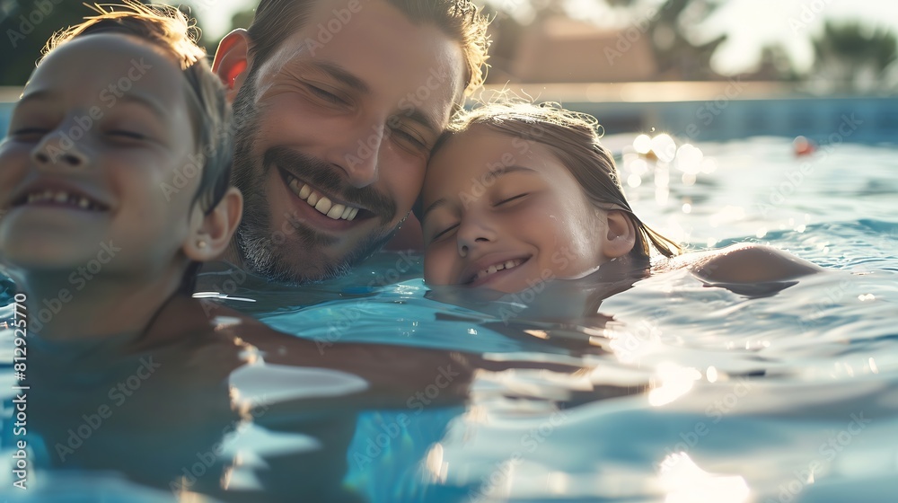 Happy Family Daughter and father relaxing in the swimming pool together : Generative AI
