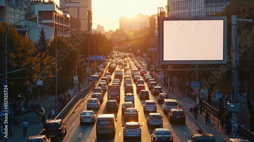 A bustling city street at sunset with a prominent empty billboard, perfect for advertising, and a backdrop of urban architecture