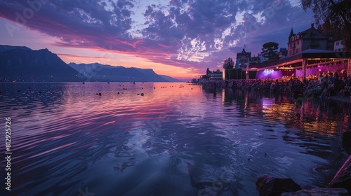 The Montreux Jazz Festival in Switzerland set against the scenic backdrop of Lake Geneva where jazz legends and contemporary artists perform by the wa photo