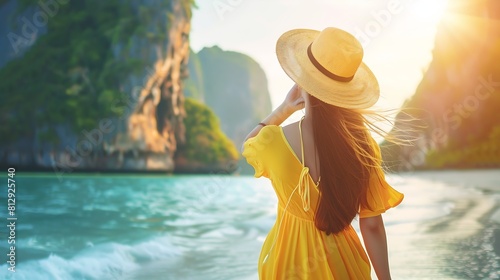 Woman tourist in yellow dress and hat traveling on Railay beach Krabi Thailand vacation travel summer Wanderlust and holiday concept : Generative AI photo