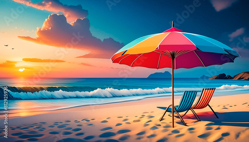 sun loungers and sun umbrella on the sandy sea beach photo