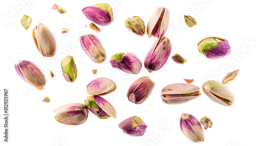 Flying in air fresh raw whole and cracked pistachios isolated on white background