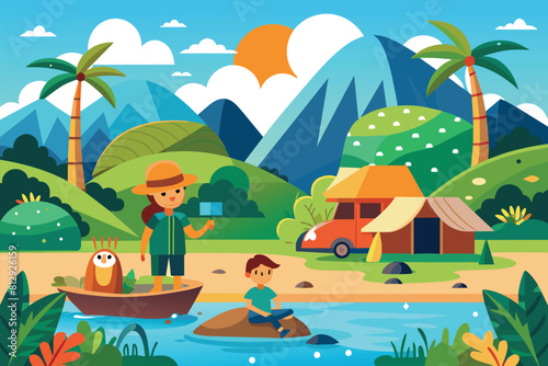 A man and a boy stand together on a boat floating in a river, Ecotourism Customizable Cartoon Illustration