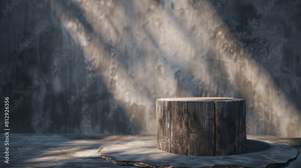 Wooden worn pedestal for your product and wall with shadows : Generative AI