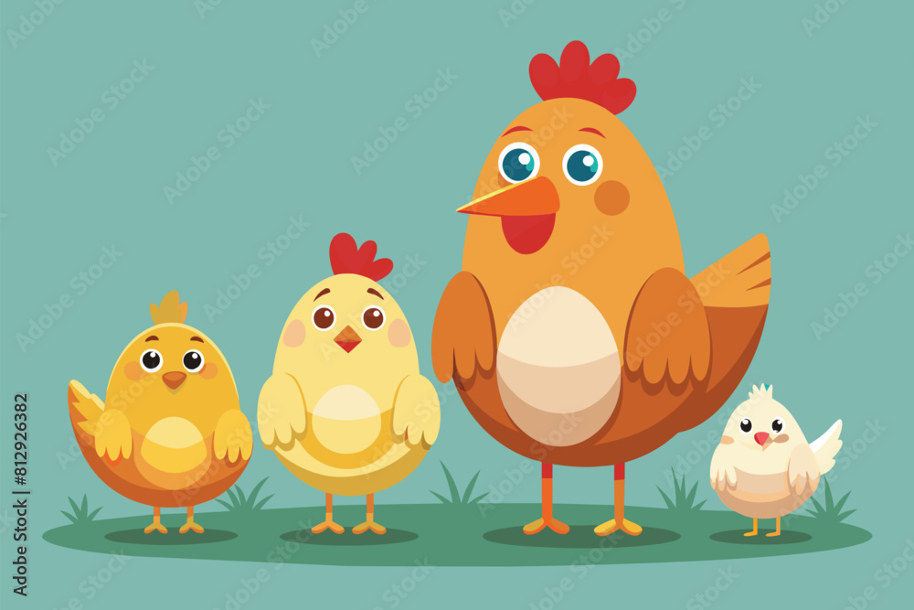 A cluster of chickens standing closely beside each other in a farmyard, Eggs and chicken Customizable Disproportionate Illustration A cluster of chickens standing closely beside each other in a farmyard, Eggs and chicken Customizable Disproportionate Illustration