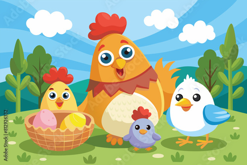 Group of chickens standing beside a basket filled with eggs  Eggs and chicken Customizable Cartoon Illustration