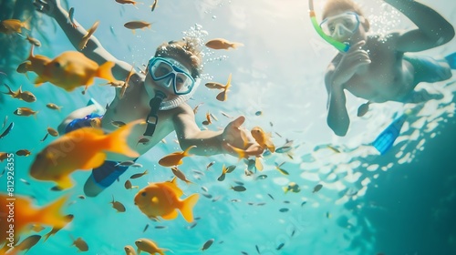Happy family  father mother child in snorkeling mask dive underwater with tropical fishes in coral reef sea pool Travel lifestyle water sport adventure swimming on summer beach holiday : Generative AI photo
