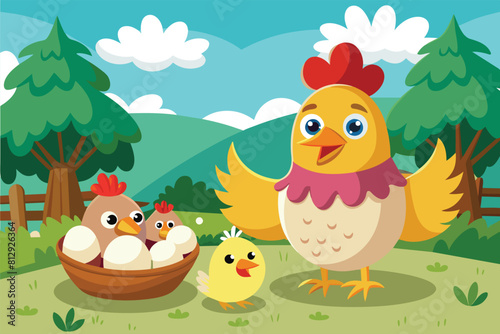 A chicken and her chicks are standing in the grass  Eggs and chicken Customizable Cartoon Illustration