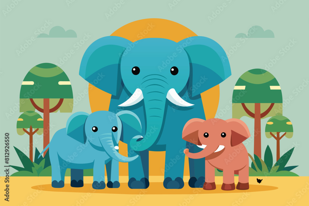 A group of elephants standing closely next to each other, Elephant family Customizable Flat Illustration A group of elephants standing closely next to each other, Elephant family Customizable Flat Illustration