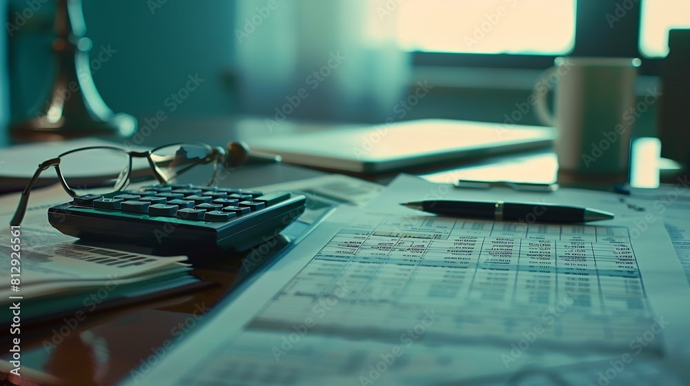 Desk of bookkeeper with balance sheet and calculator on desk focused on eyeglass nobody : Generative AI