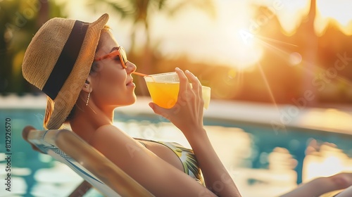 Summer vacation happy relaxing young woman lying on deckchair drinking fresh juice on pool background : Generative AI