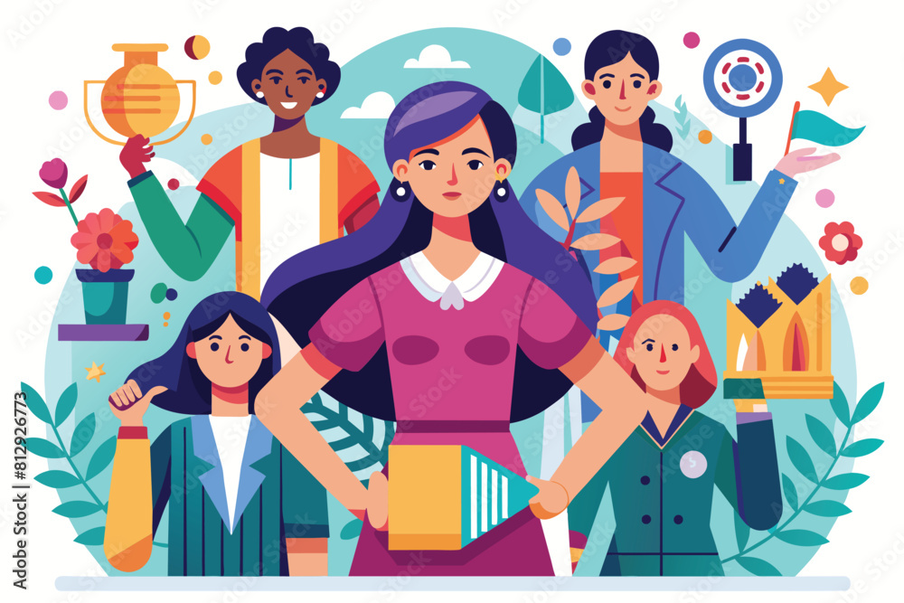 A woman confidently stands in front of a group of people in a customizable flat illustration, Emancipation of women Customizable Flat Illustration A woman confidently stands in front of a group of people in a customizable flat illustration, Emancipation of women Customizable Flat Illustration