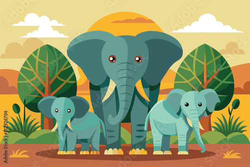 A group of elephants standing side by side in a natural habitat, Elephant family Customizable Semi Flat Illustration