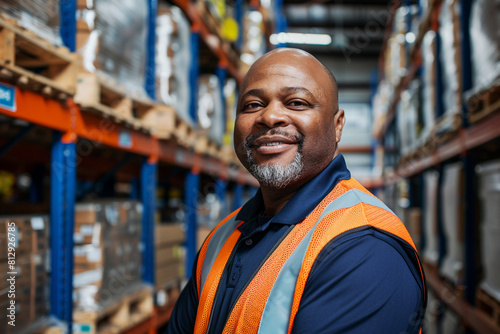 Happy African American worker in the Warehouse in blue uniform and orange safety vest.