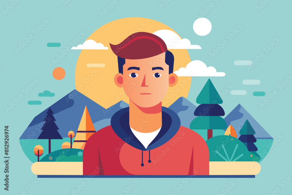 Fototapeta premium A man is standing in front of a vast landscape, gazing at the view, Empty Customizable Flat Illustration