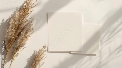 Blank greeting card invitation mockup Dry grass pampas plant on beige table background Flat lay top view Copyspace Paper cards mock up Modern Minimal business brand template Soft shado : Generative AI photo