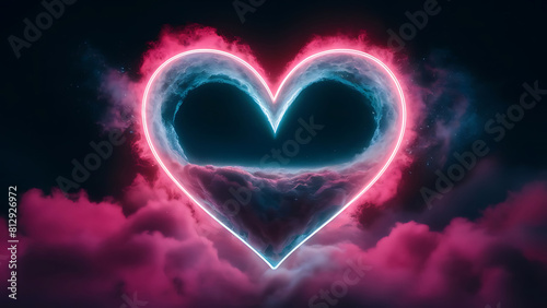 neon glowing heart sign on the foggy cloudy background  AI Generative