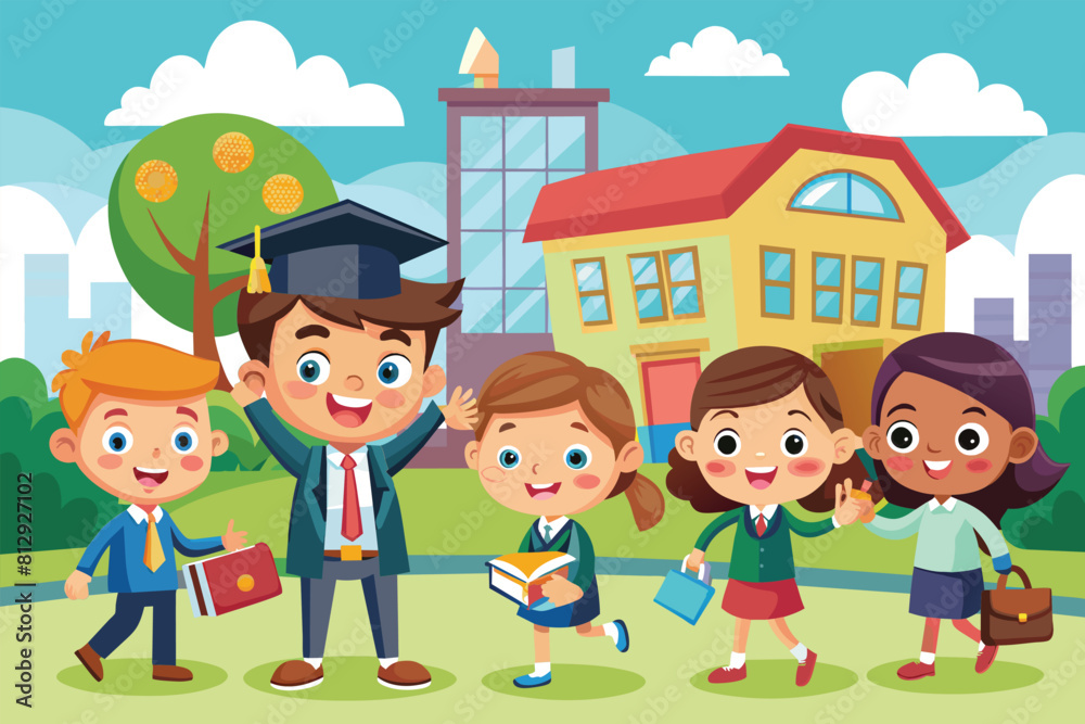 A group of diverse children standing in front of a school building, looking excited and ready to start the day, End of school Customizable Cartoon Illustration A group of diverse children standing in front of a school building, looking excited and ready to start the day, End of school Customizable Cartoon Illustration