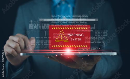 Warning system hacker threat attack eror risk Cyber security on computer data alert access code malware spam website for computer laptop management maintenance service working software failure acciden photo