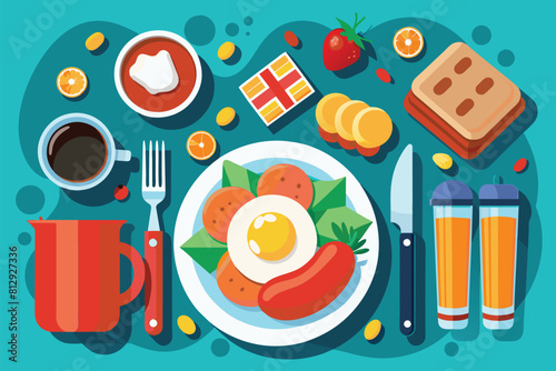 A table setting with a cup of coffee and a plate of food placed on top, Breakfast Customizable Semi Flat Illustration