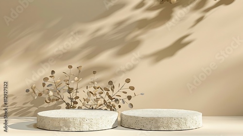 Creative grey stone podium for cosmetics or products on brown beige background Modern layout with two concrete presentation pedestal dried eucalipt brunches Trendy concept Marketing sc : Generative AI photo