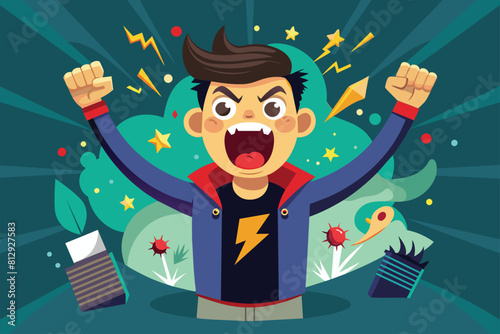 A man standing with his arms up in an enthusiastic gesture, Enthusiastic Customizable Disproportionate Illustration