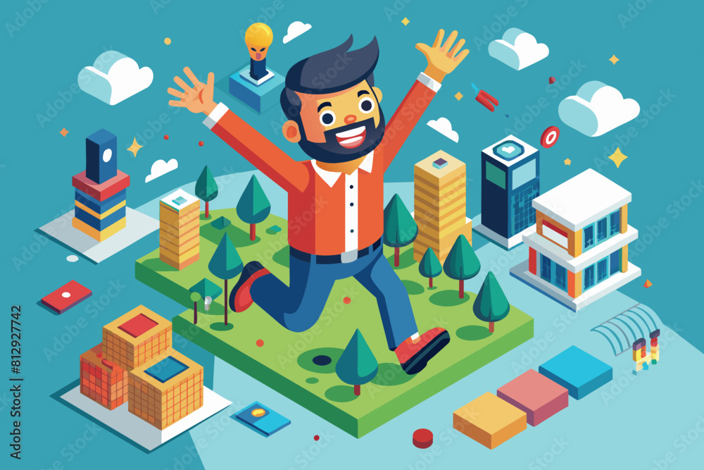 A man enthusiastically jumps in the air with his hands raised, Enthusiastic Customizable Isometric Illustration A man enthusiastically jumps in the air with his hands raised, Enthusiastic Customizable Isometric Illustration