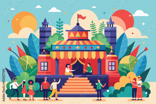A diverse group of individuals standing in front of a building, possibly posing for a group photo or awaiting entrance, Events Customizable Disproportionate Illustration