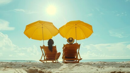 Beach summer couple on island vacation holiday relax in the sun on their deck chairs under a yellow umbrella Idyllic travel background : Generative AI